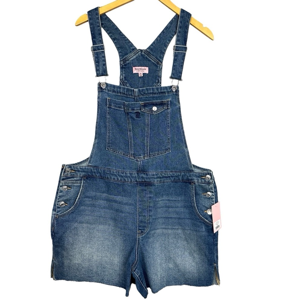 Juicy Couture Y2K Denim Shortalls XXL‎ Raw Hem Medium Wash NWT Overalls